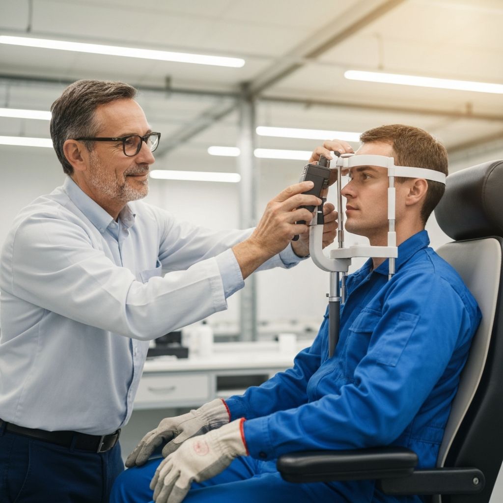 Optometrista realizando examen visual a trabajador de planta industrial