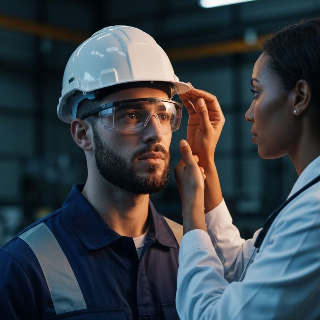 Profesional de optometría realizando examen visual en planta industrial